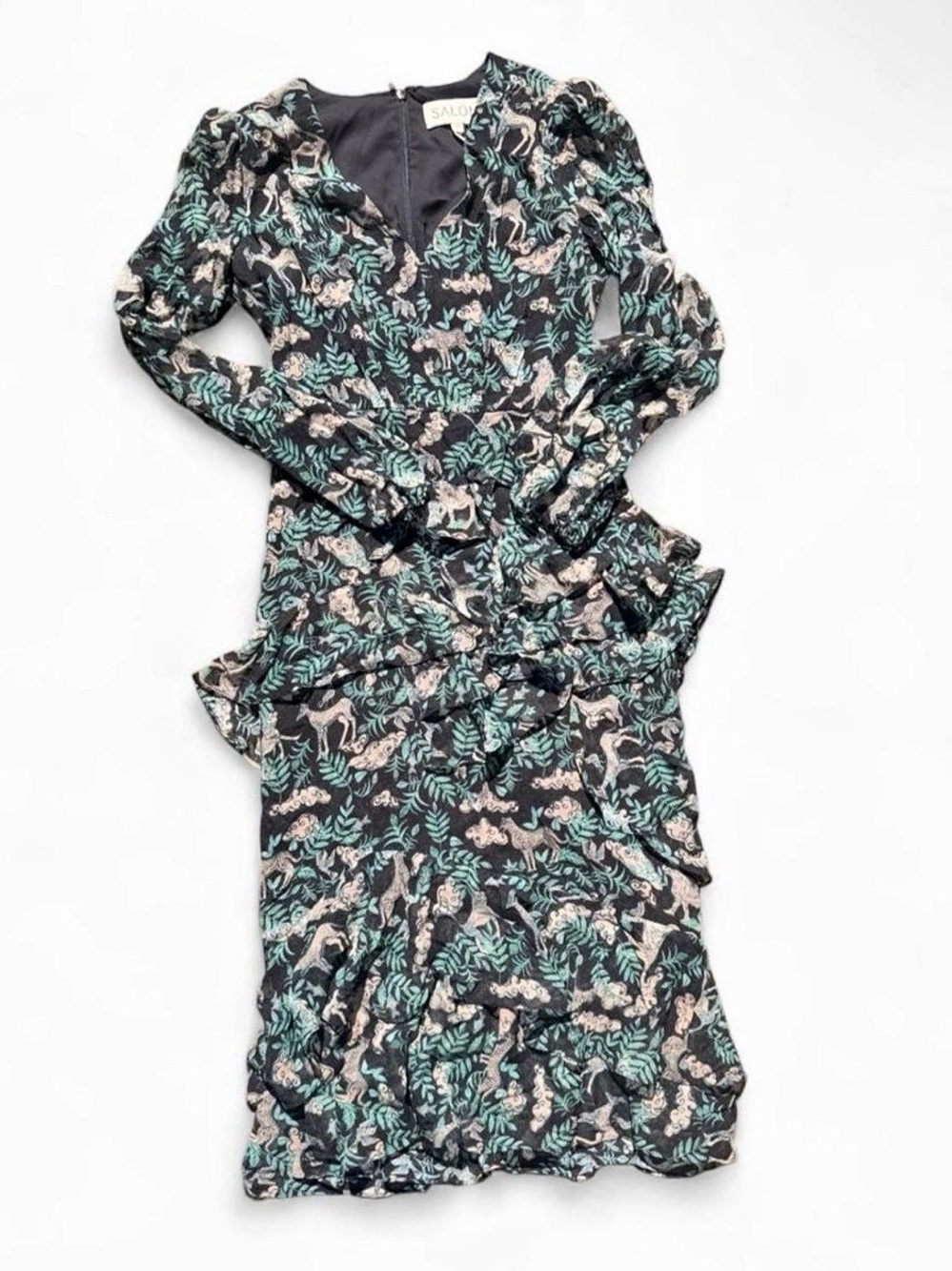 S A L O N I Animal Print Midi Dress in Black & Green Size 2 Like New - Picture 3 of 8